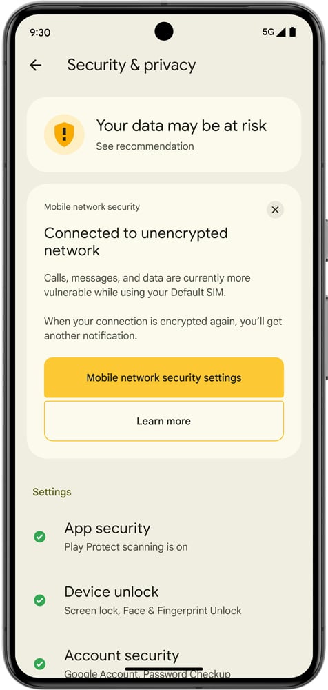 Unencrypted cellular network warning
