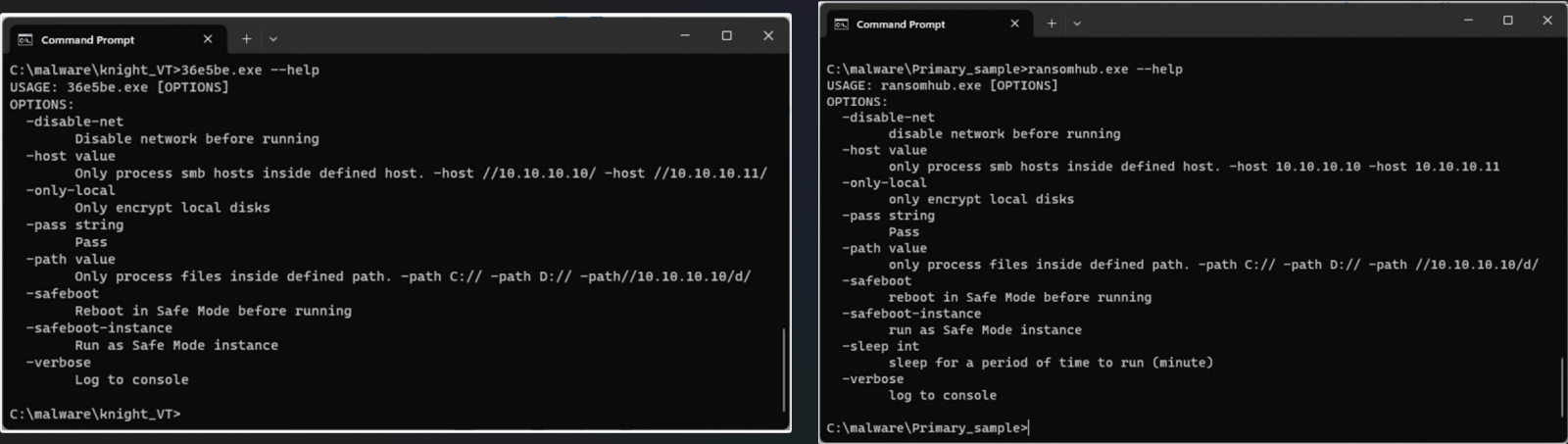 Comparison of command-line help menus, Knight (left), RansomHub (right)