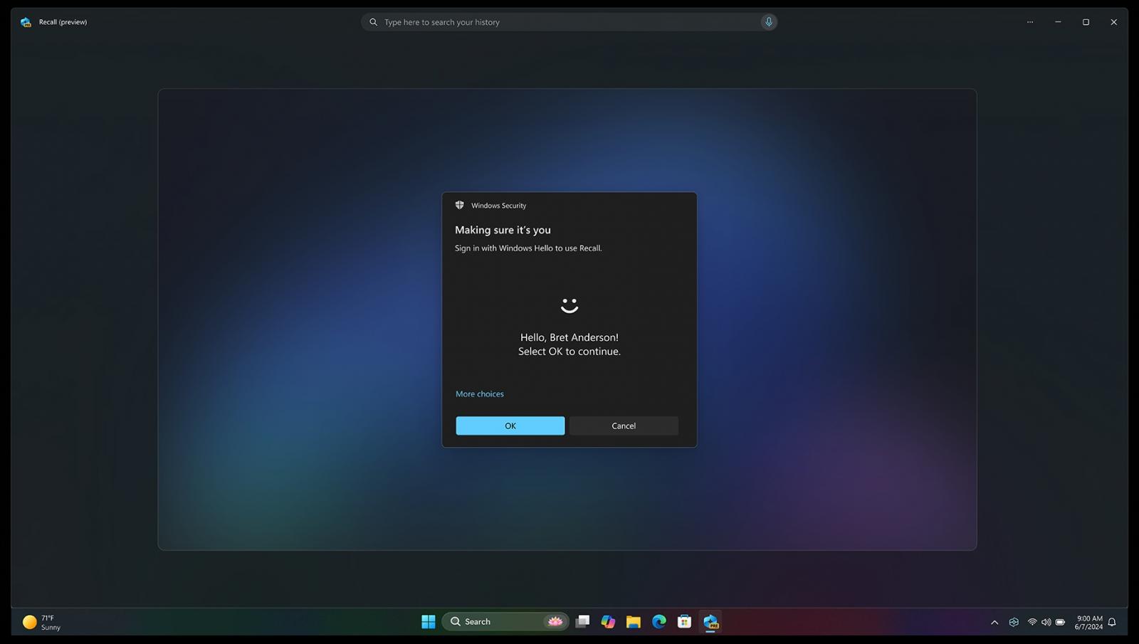 Windows recall requiring Windows Hello before accessing the database