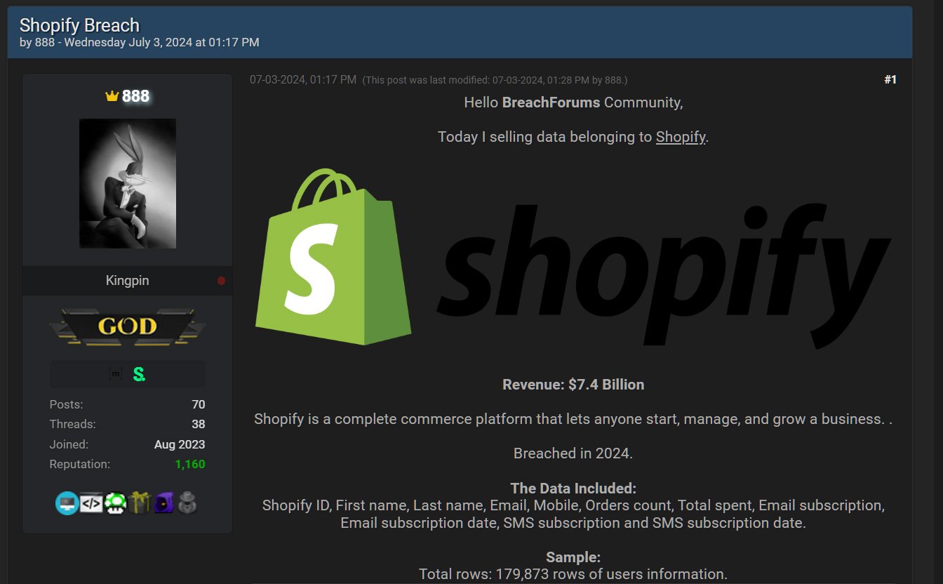 Selling alleged Shopify data on a hacking forum