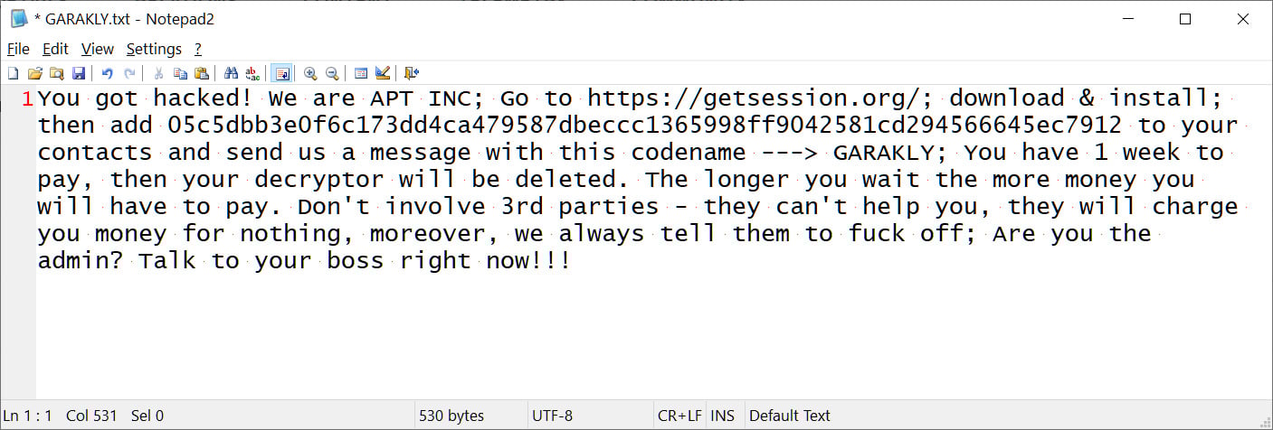 APT INC ransom note