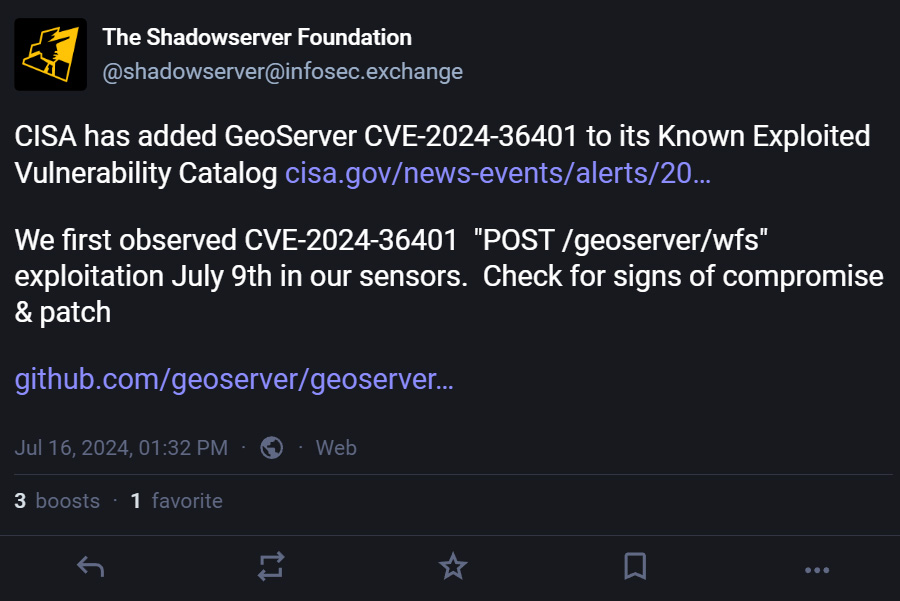 ShadowServer toot on Mastodon