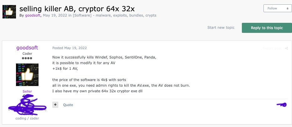 FIN7 actor selling AVNeutralizer on a hacking forums