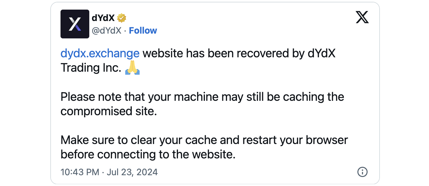 dYdX site recovery