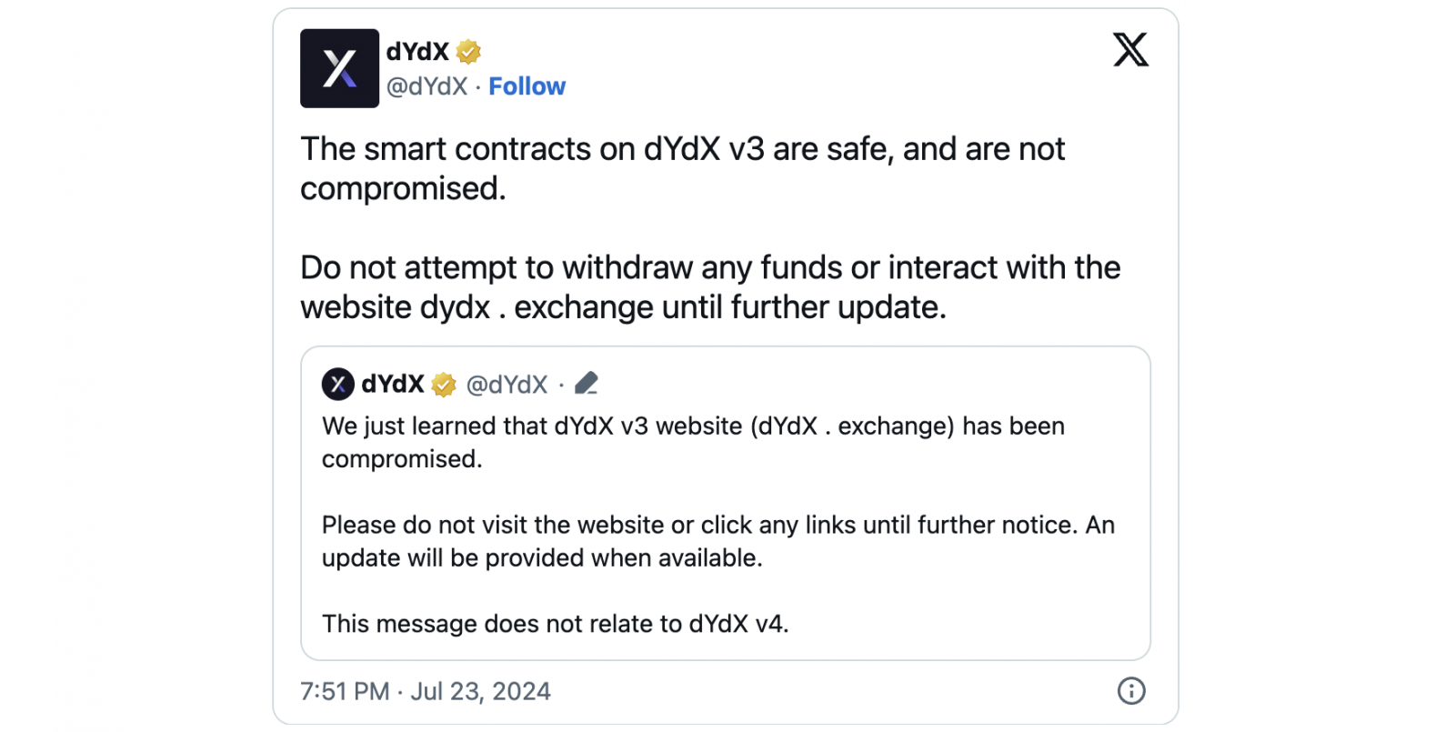 dYdX v3 hack tweet