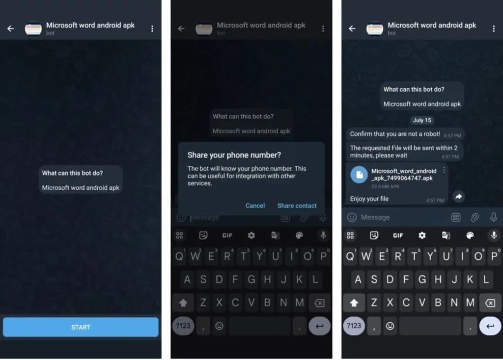 Telegram bot delivering the SMS stealer
