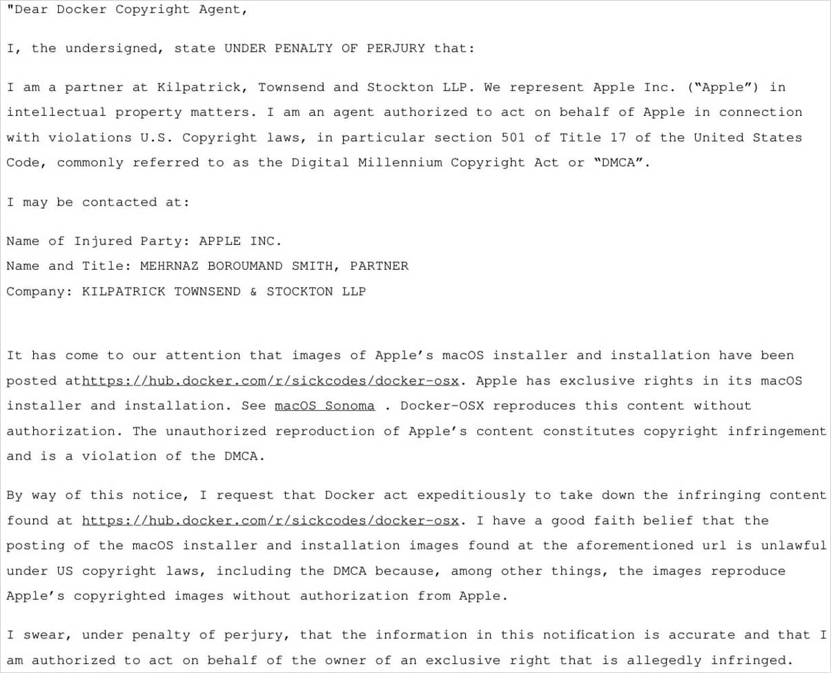 Apple's DMCA takedown request to Docker Hub