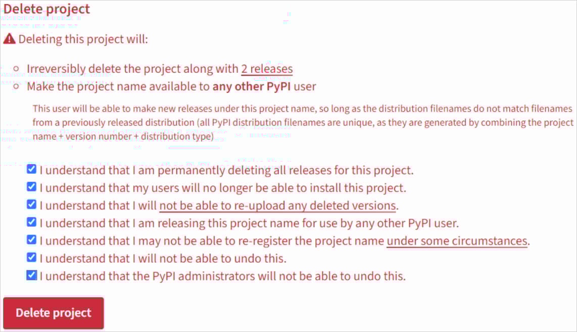 Project deletion dialog on PyPI