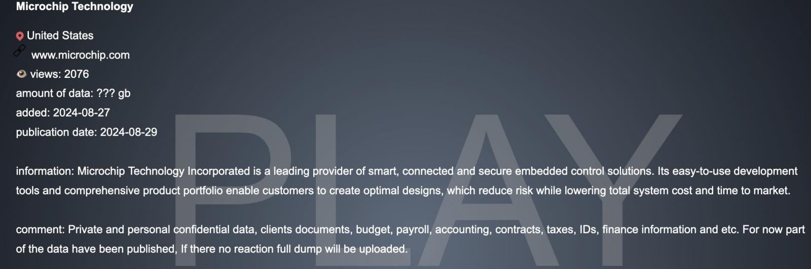 Microchip Technology entry on Play ransomware's leak site