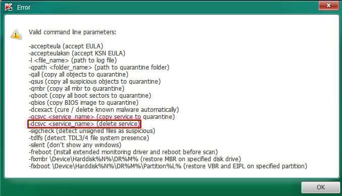Commands supported by TDSSKiller