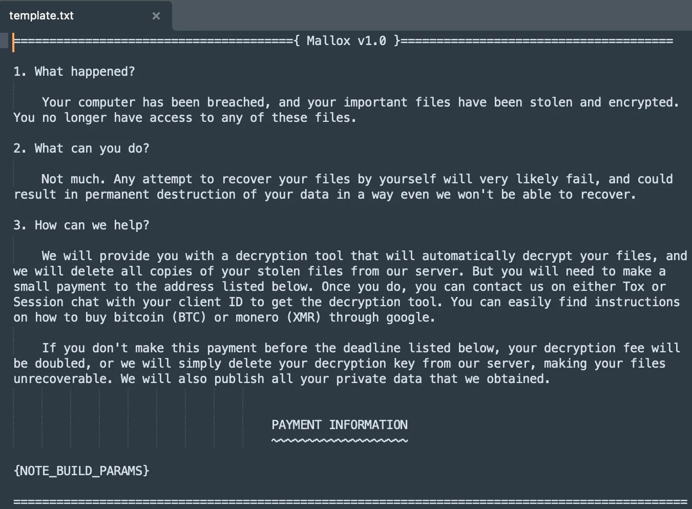 The Mallox Linux 1.0 ransom note