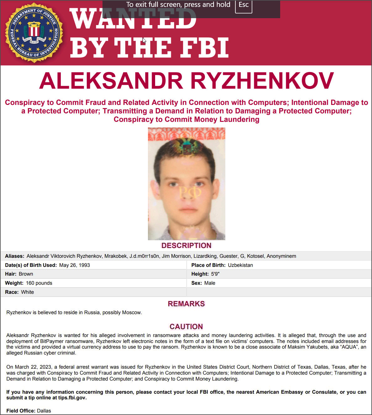 FBI wanted poster for Aleksandr Ryzhenkov