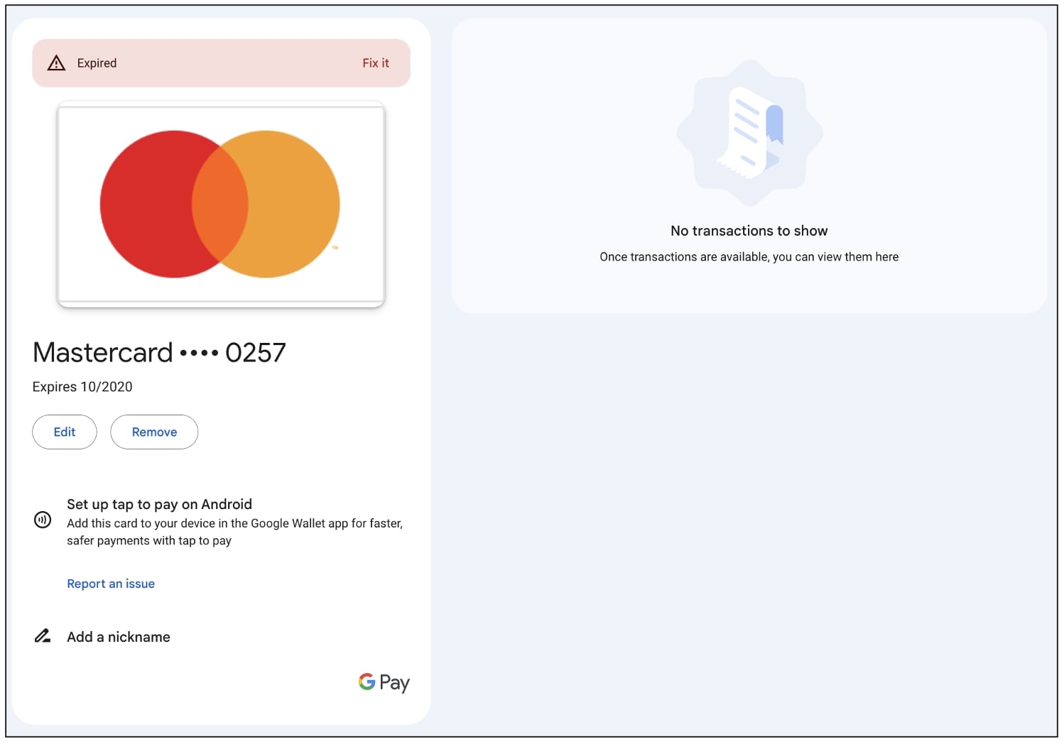 Google Pay expired card