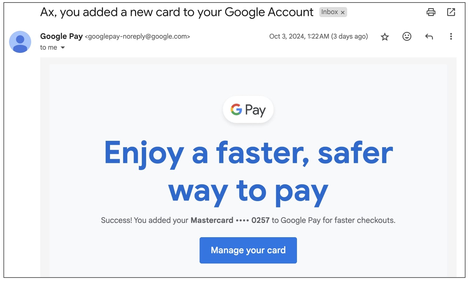 Google Pay new card added email notifications