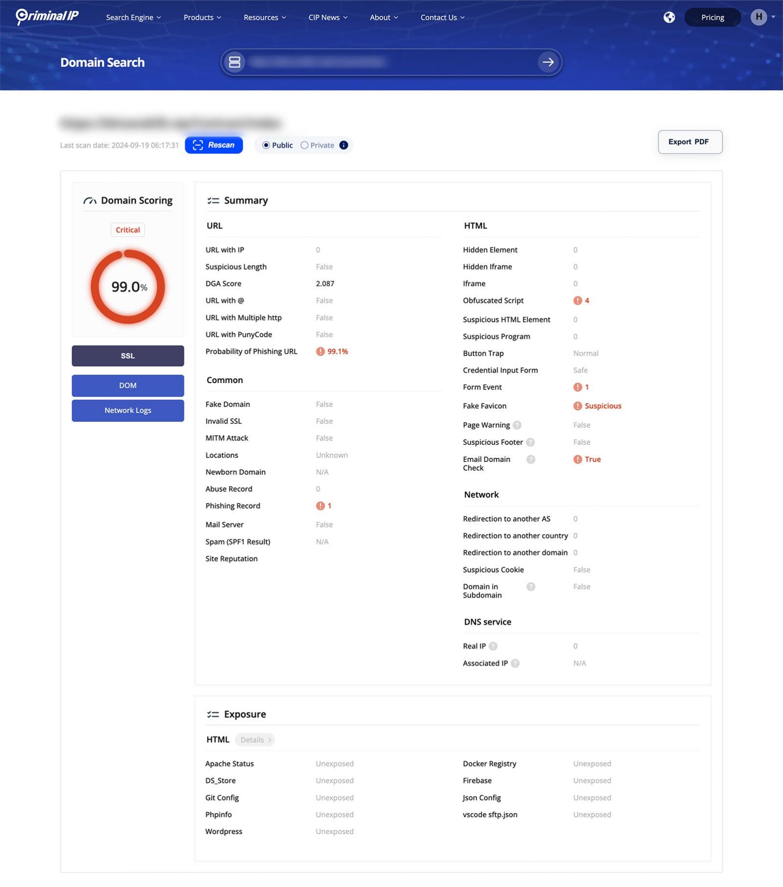 Example of Criminal IP Domain Search for malicious URL