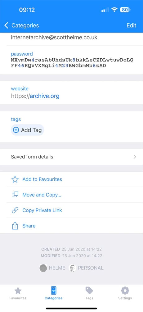 Password manager entry for archive.org