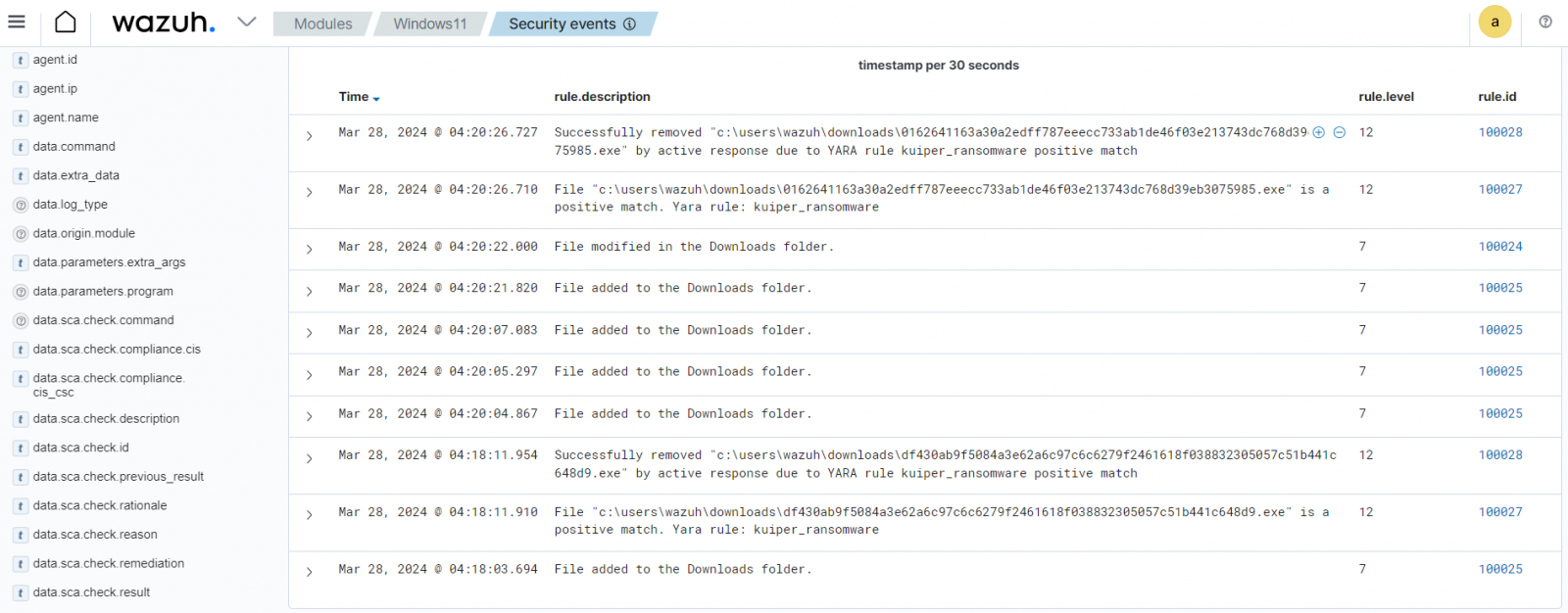 Wazuh removes Kuiper ransomware from a monitored endpoint.