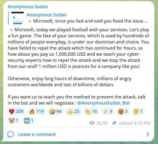 Anonymous Sudan DDoS attack on Microsoft Azure