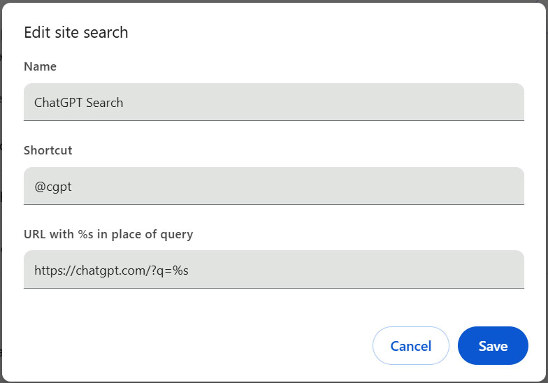 Configuring the ChatGPT Search Site Search shortcut