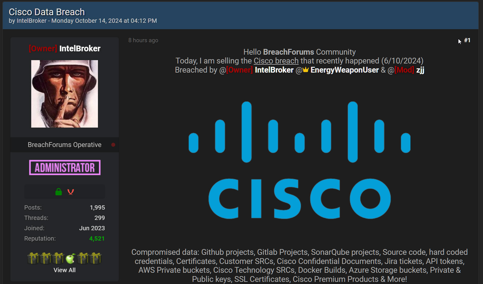 Cisco data for sale on hacking forum