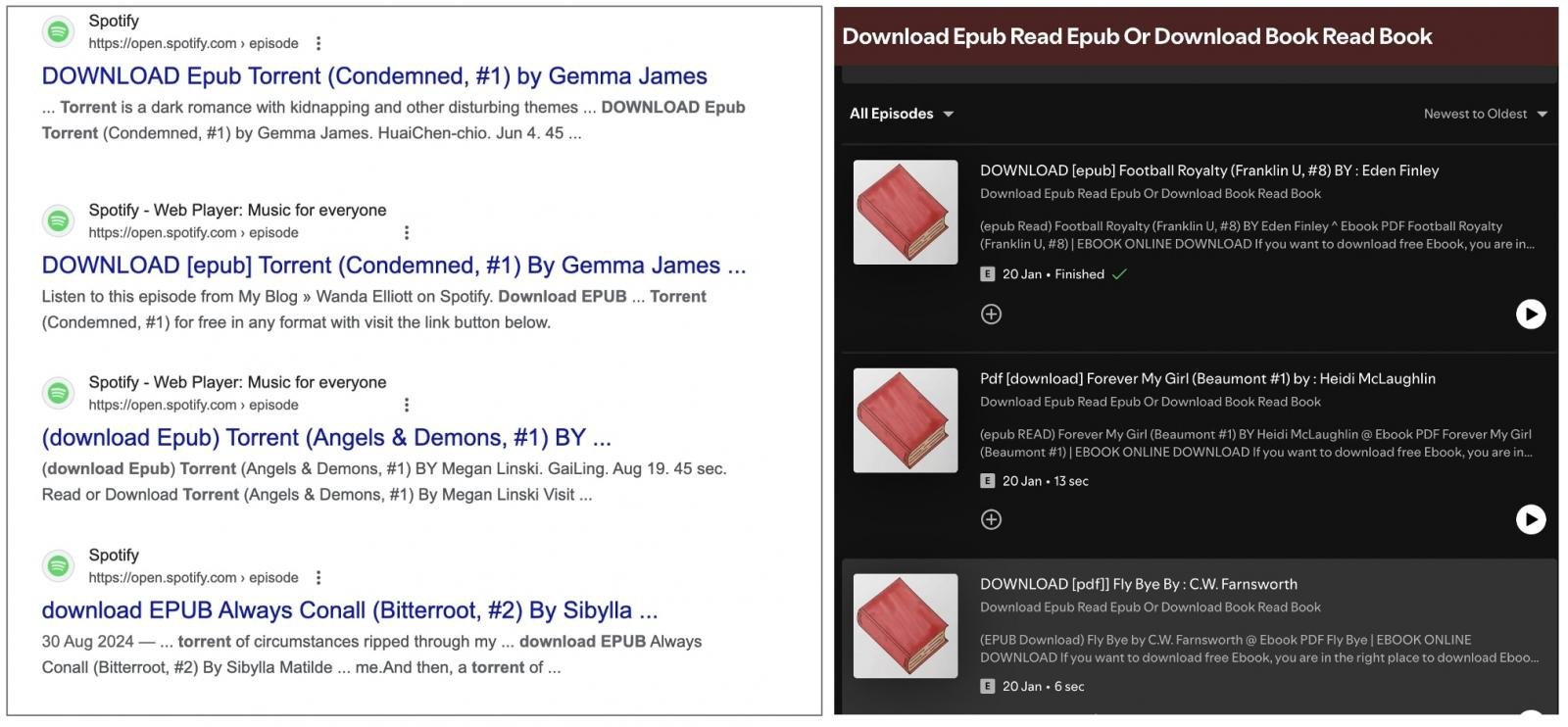 Several Spotify podcasts and playlists promoting pirated digital eBooks