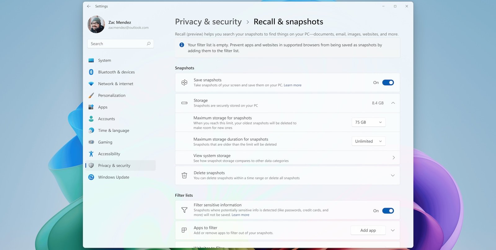 Recall's settings page