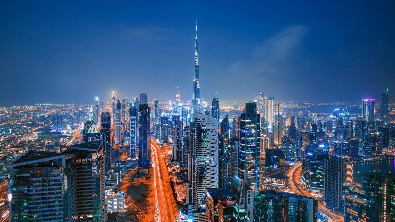 Dubai downtown skyline at sunset, Dubai, United Arab Emirates, Burj Khalifa Dubai downtown skyline at sunset, Dubai, United Arab Emirates, Burj Khalifa