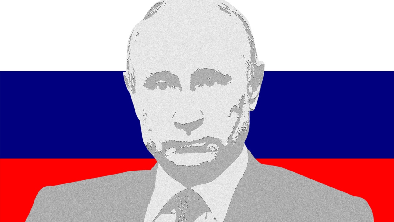 A drawing of Vladimir Putin against Russian flag backdrop