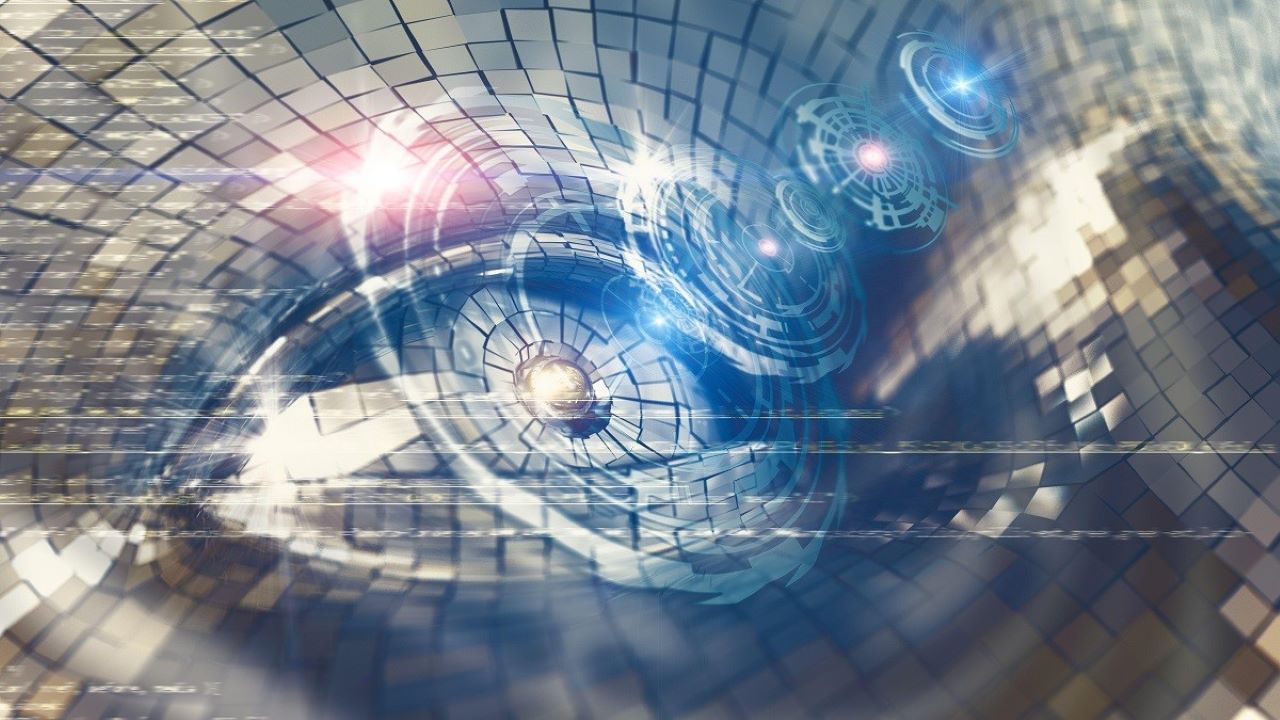 A mosaic that resembles an eye with spirals showing retina scanning A mosaic that resembles an eye with spirals showing retina scanning