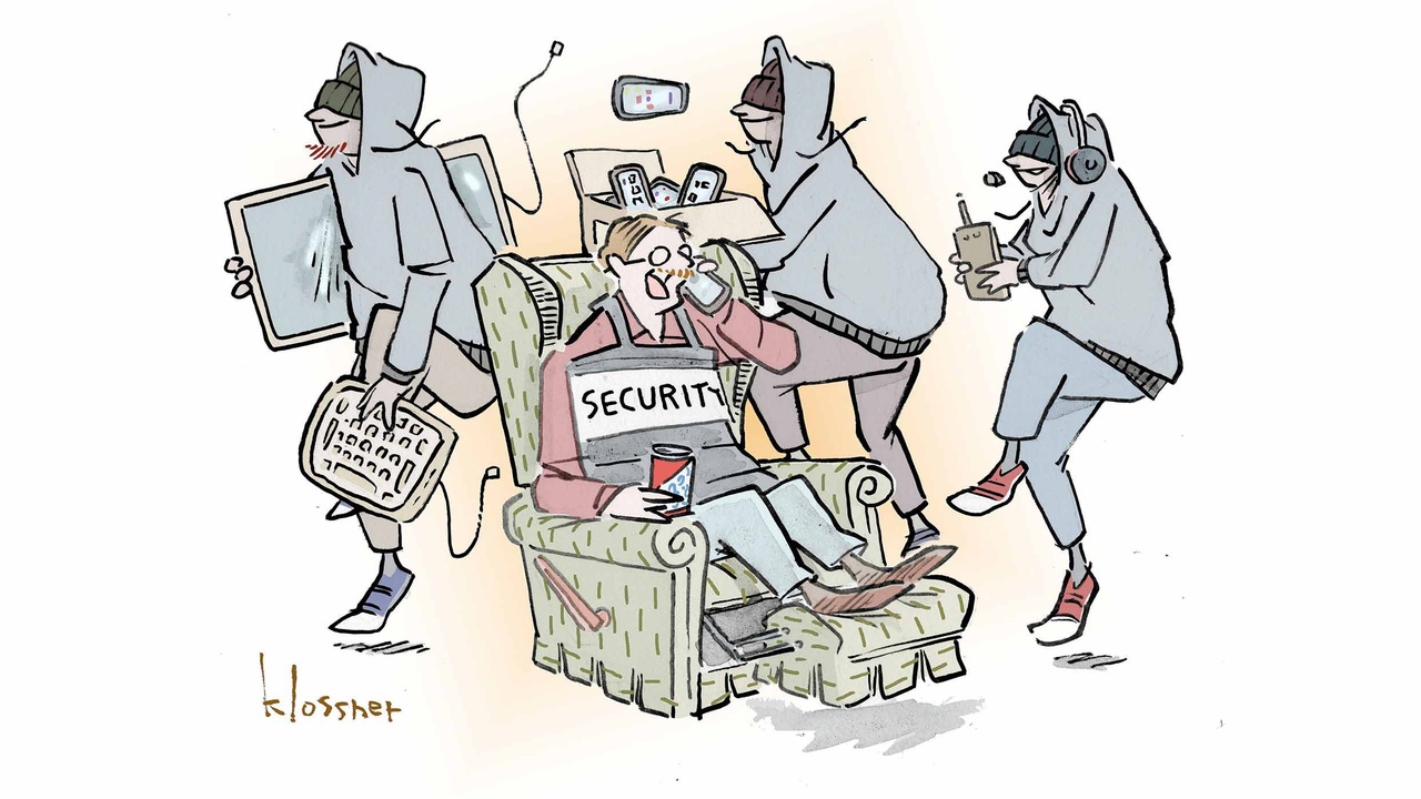 Three people in grey hoodies holding computer equipment sneaking past a security guard sitting in a chair. Three people in grey hoodies holding computer equipment sneaking past a security guard sitting in a chair.