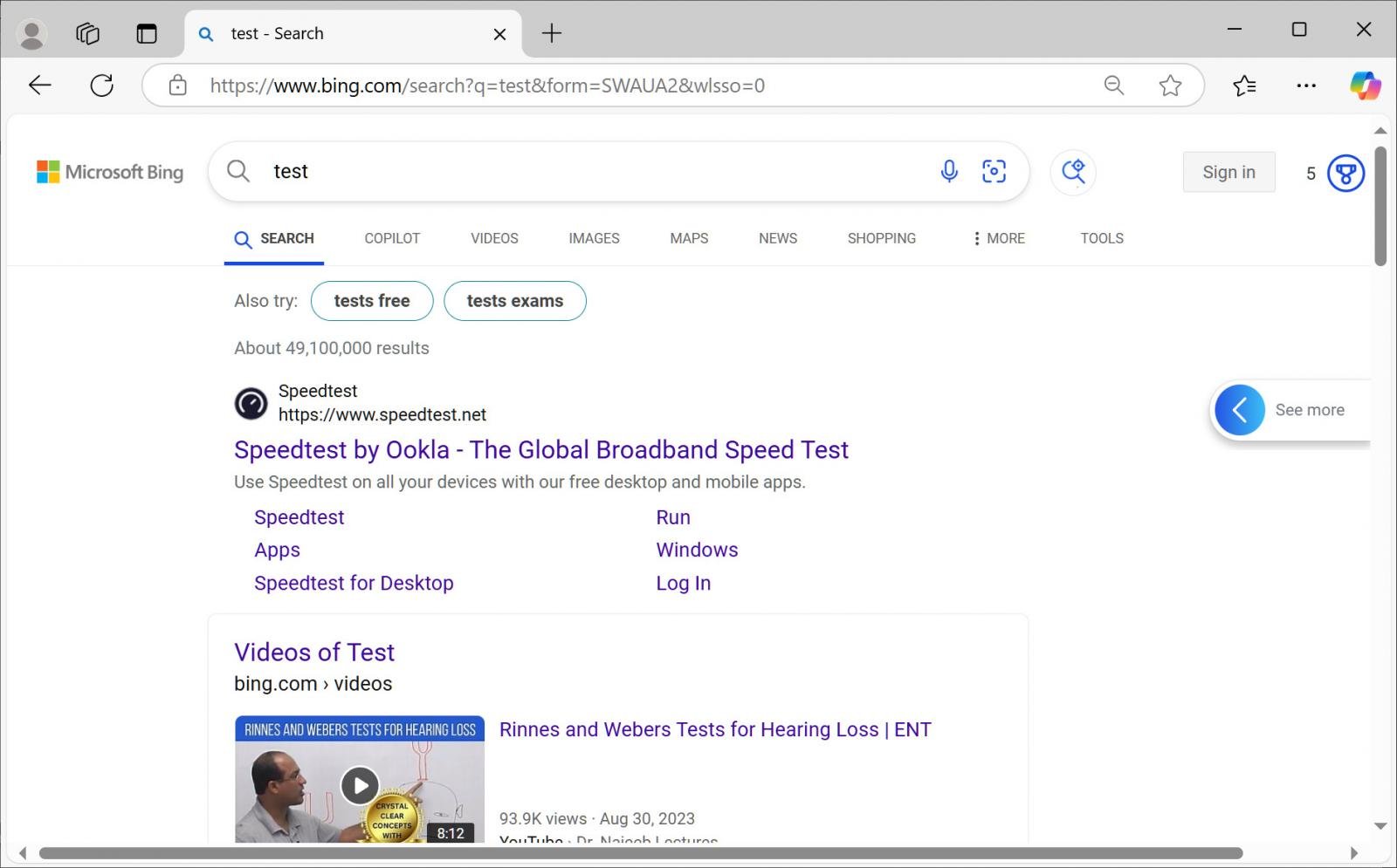 Normal search results on Bing
