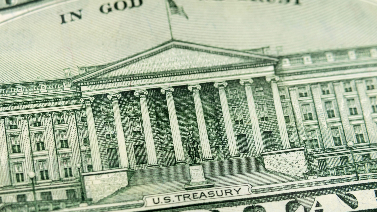 Close up of the US Treasury Building on the back of the US $10 bill