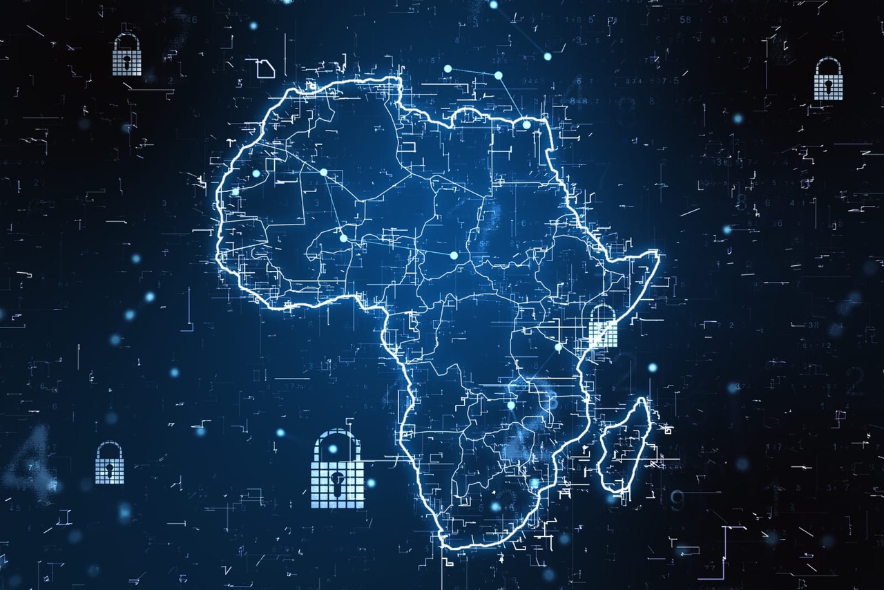 A blue digital map of Africa