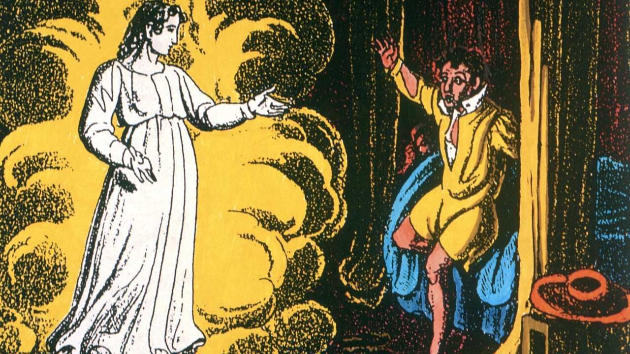 A banshee haunting a man, from a 19th century lithograph A banshee haunting a man, from a 19th century lithograph