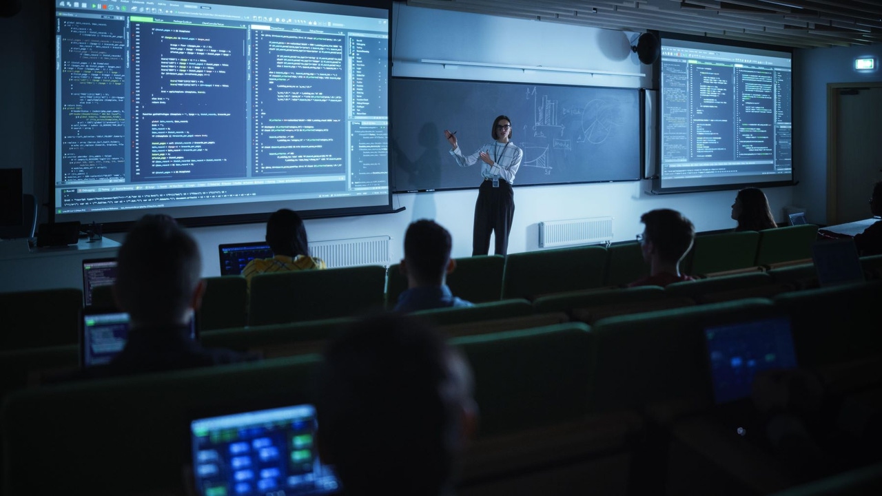 Woman teaching about cybersecurity at the front of a dimly lit classroom Woman teaching about cybersecurity at the front of a dimly lit classroom