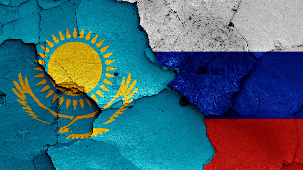 The Kazakh and Russian flags The Kazakh and Russian flags