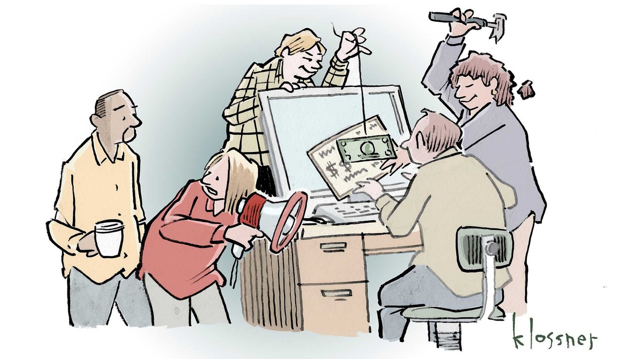 Group of people standing around a person sitting at a computer, showing money and other objects. Group of people standing around a person sitting at a computer, showing money and other objects.