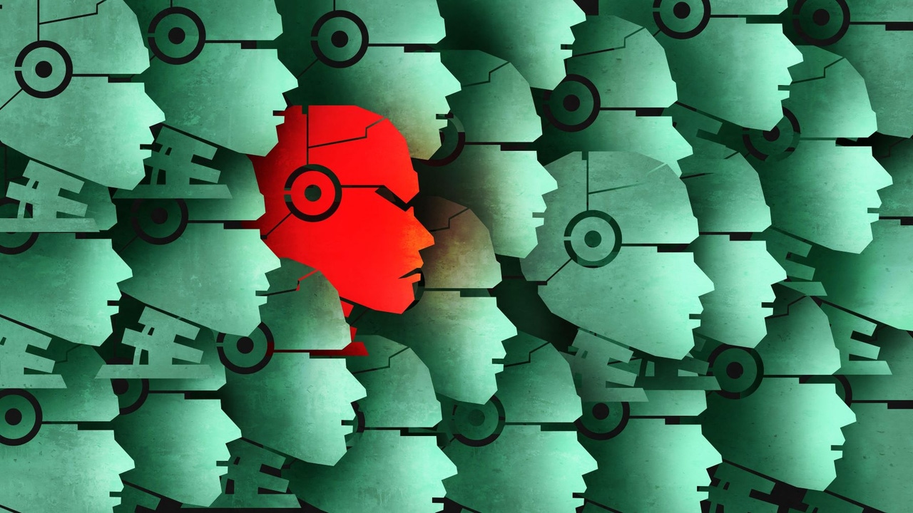 Red bot amid a field of green bots Red bot amid a field of green bots