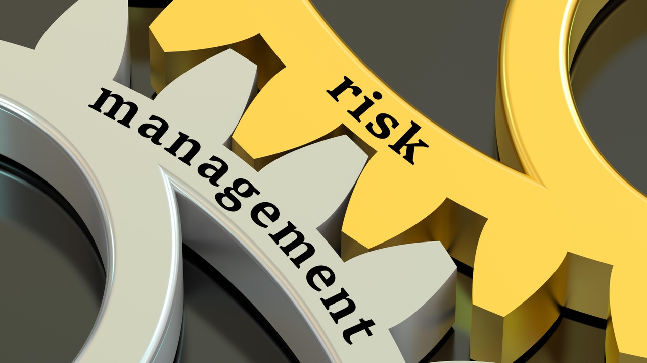 The words "risk management" printed on two gears The words "risk management" printed on two gears
