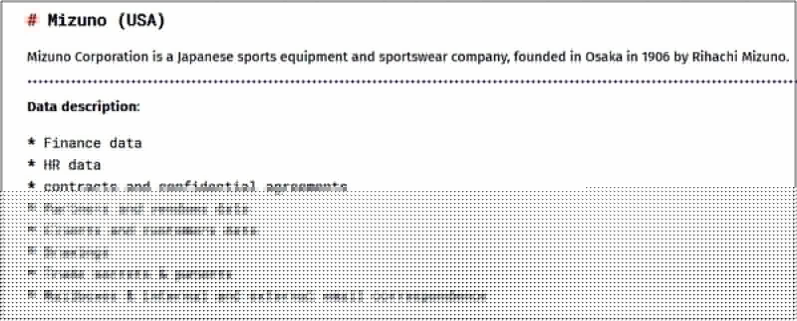 Mizuno entry on BianLian's leak site