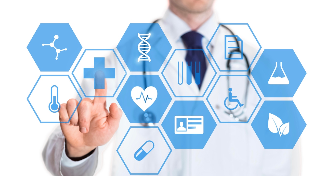 Medical doctor touching virtual interface button of healthcare applications Medical doctor touching virtual interface button of healthcare applications