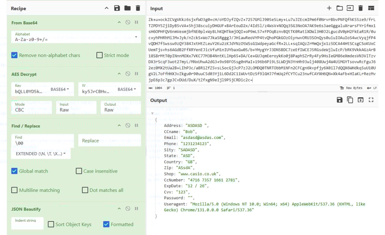 (Decrypted) sample of the exfiltrated data