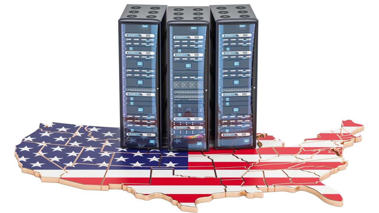 Servers stacked on top of US map in red white and blue Servers stacked on top of US map in red white and blue