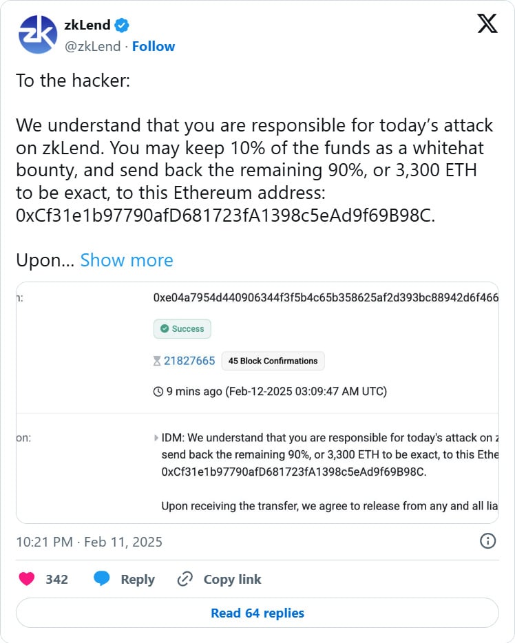 zkLend message to hacker