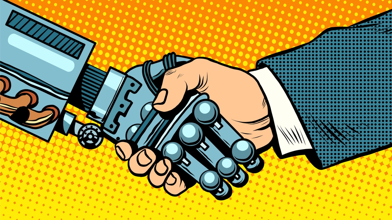 pop art version of a handshake of robot and man pop art version of a handshake of robot and man