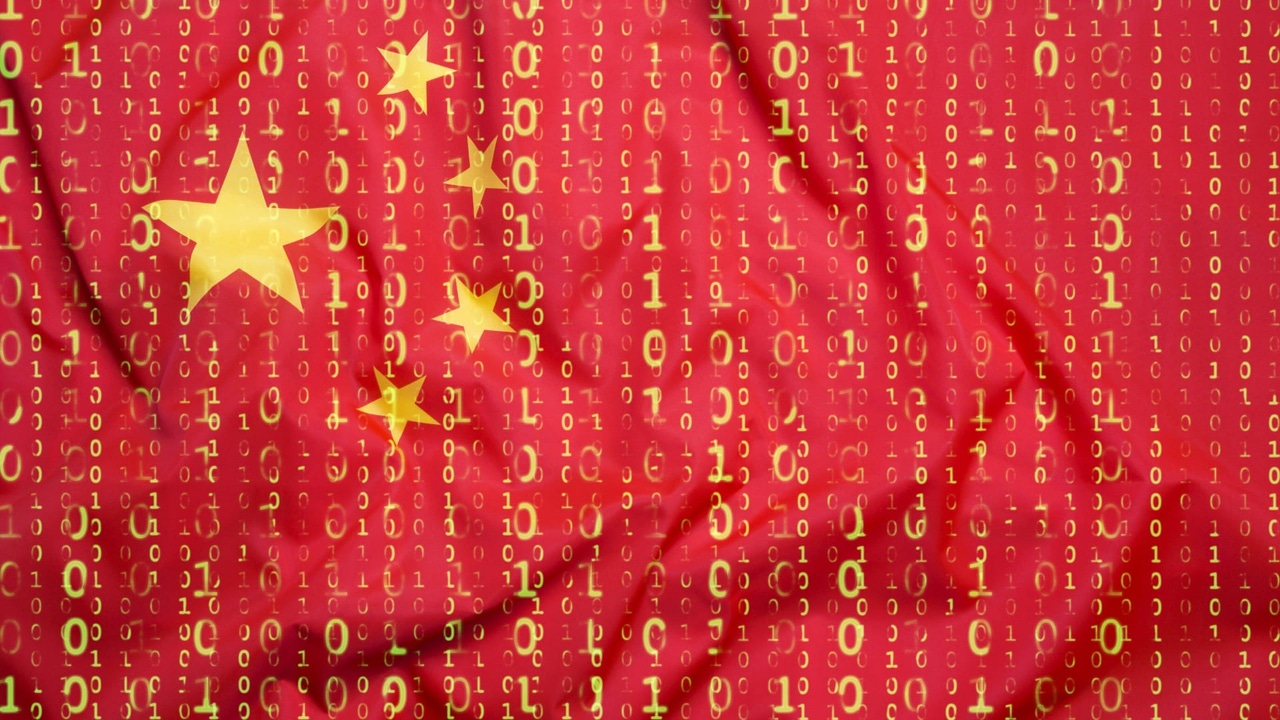 The Chinese flag with gold binary code overlayed on top of it