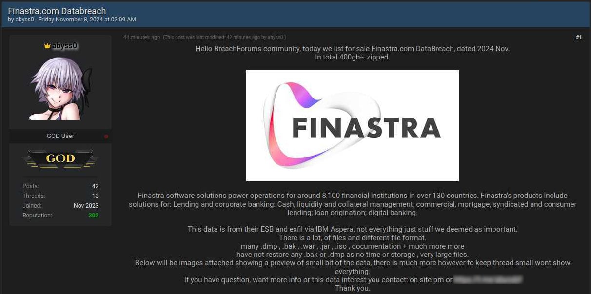 Allegedly stolen Finastra data for sale on BreachForums