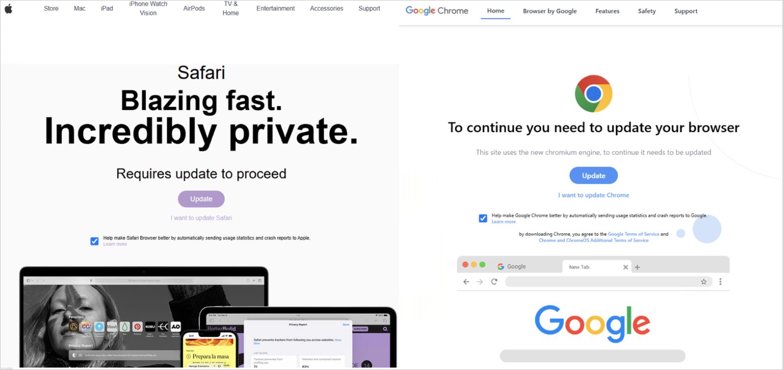 Fake update prompts on compromised websites